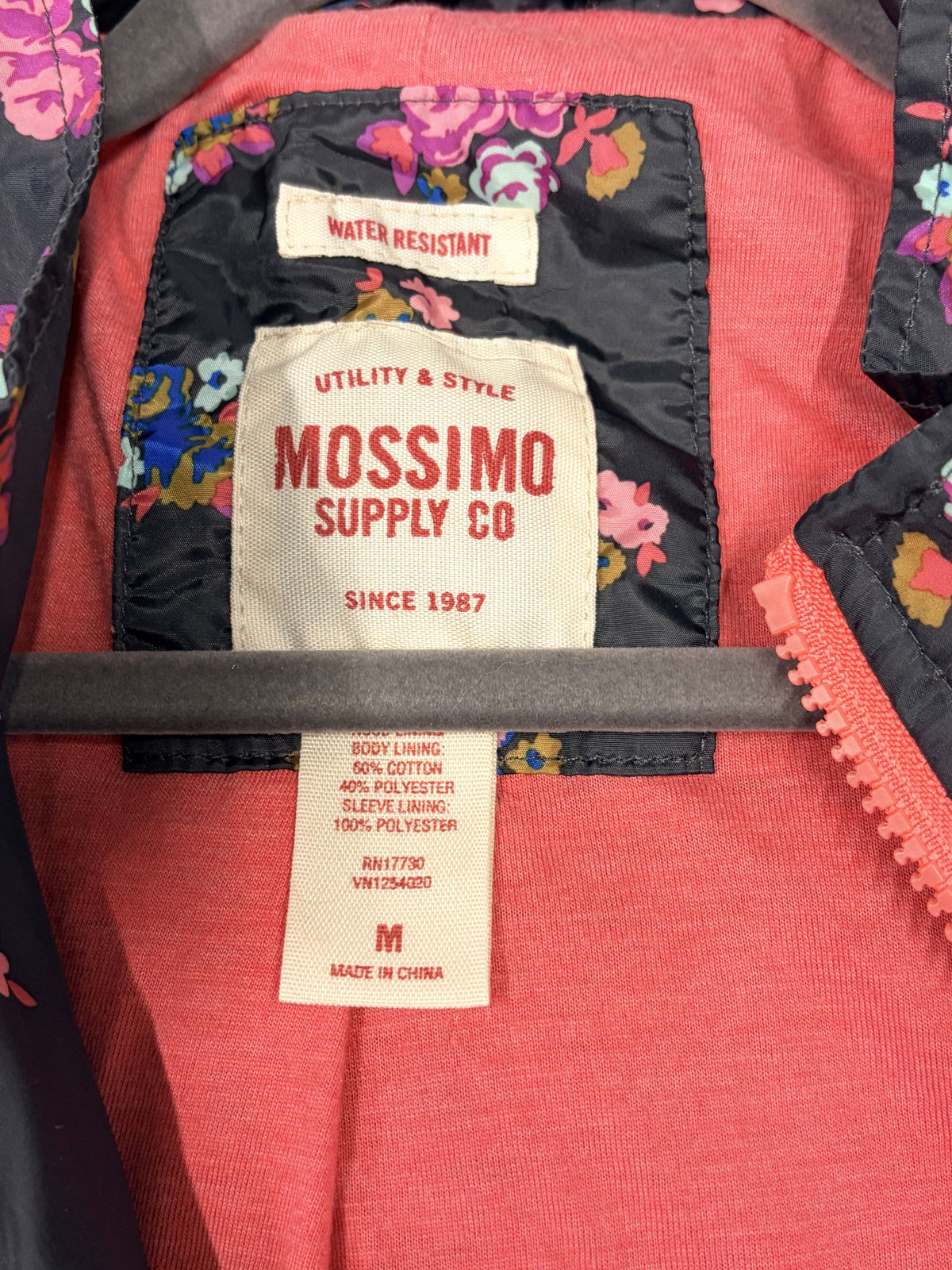 Mossimo Black Floral Print Rain Jacket Coral Zip Womens - Size M / Black / Very Good - Image 3