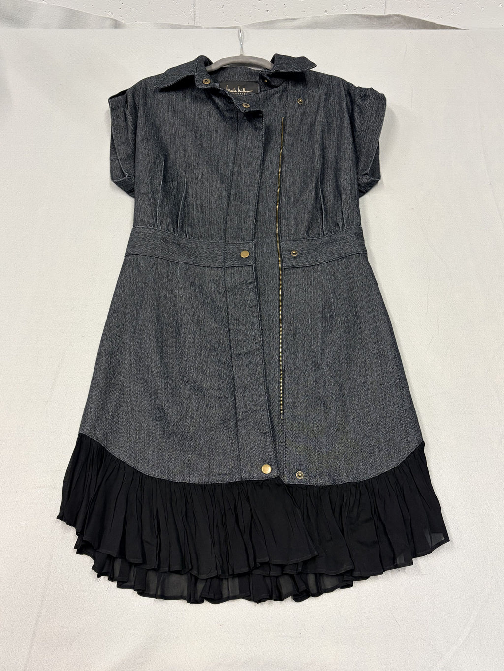 Nicole Miller Chambray Denim Dress Black Ruffle Hem - Size M / Denim / Very Good - Image 1