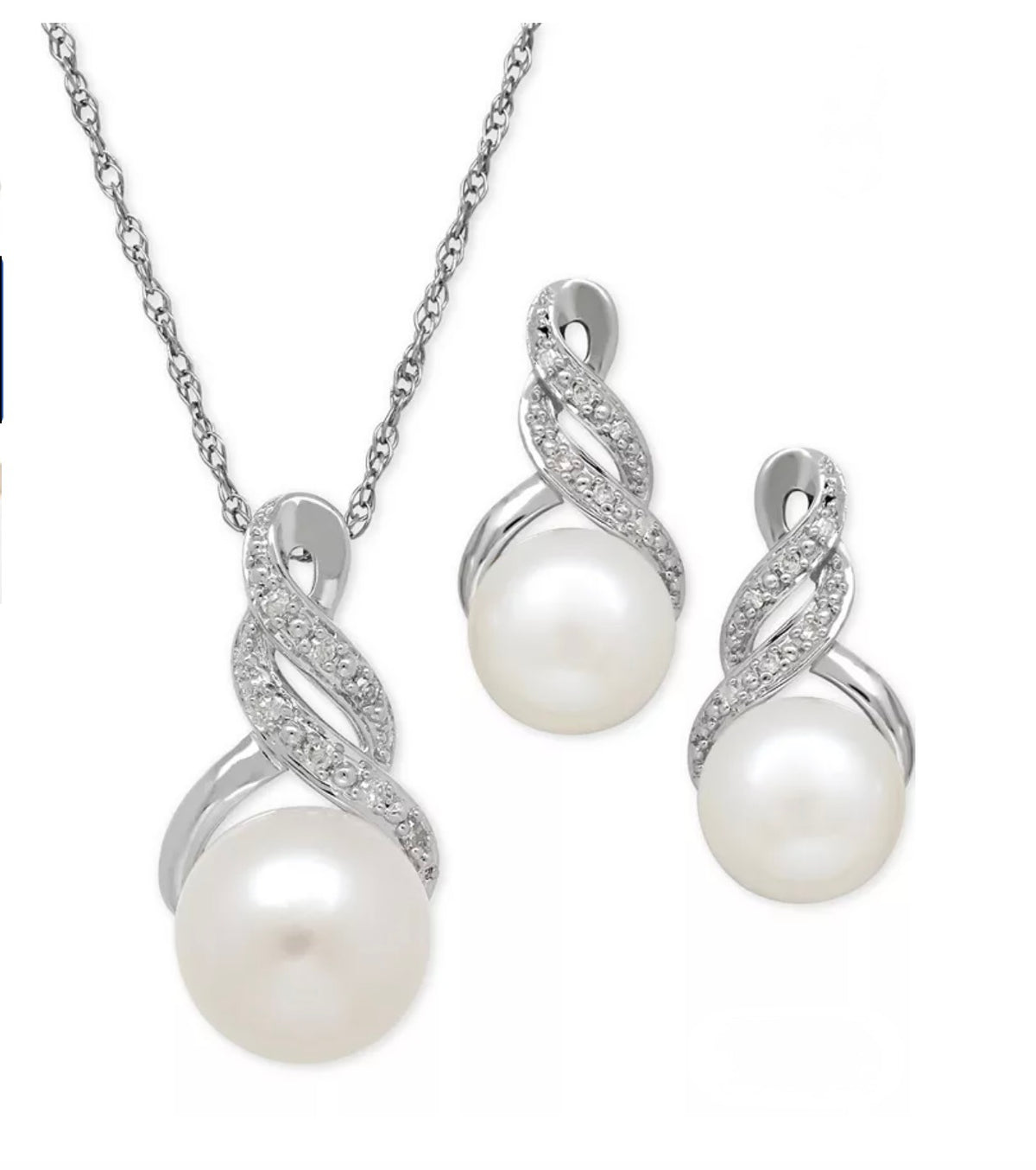 R.H. Macy & Co. Cultured Pearl Diamond Pearl Pendant Necklace & Earrings - NIB - Image 1