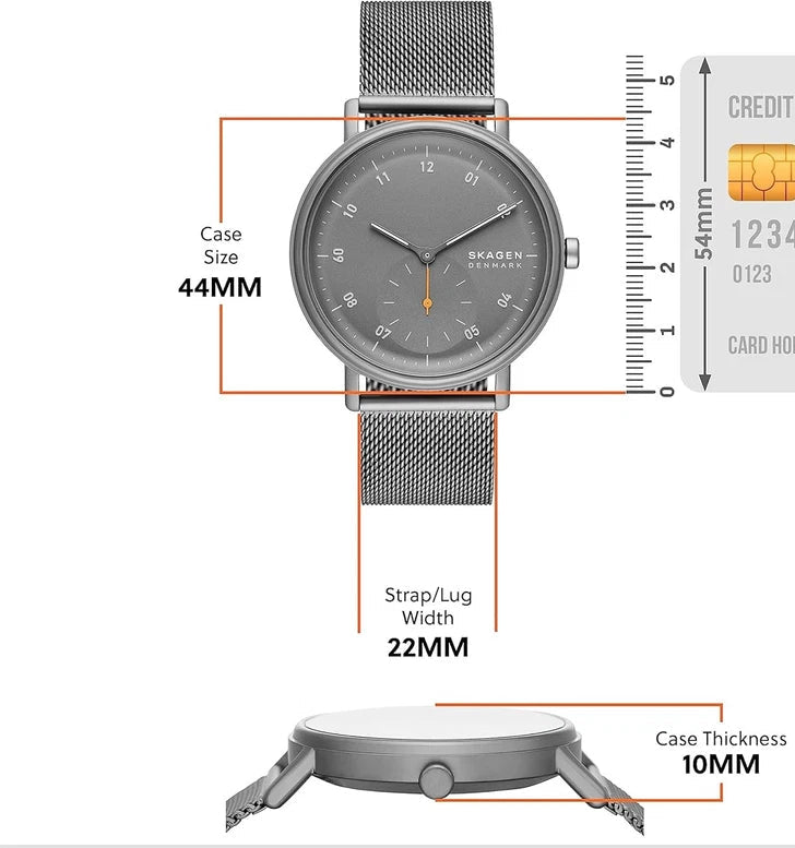 Skagen watch with size measurements on a white background