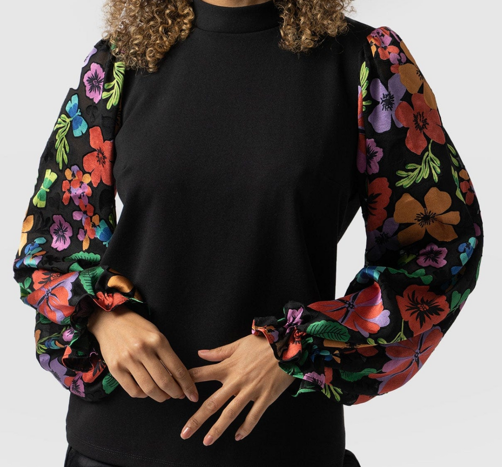 Saint and Sofia Penny Mock Neck Puff Sleeve Top Black Floral USA 6 UK 10 Women's - Image 1