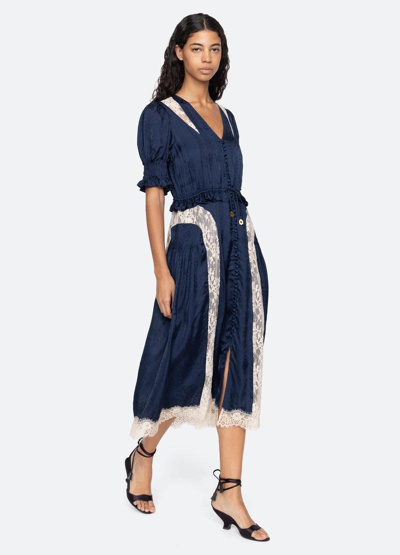 Sea NY Ethel Midi Dress Navy Silk Lace Panel Puff Sleeve - NWT - Image 1