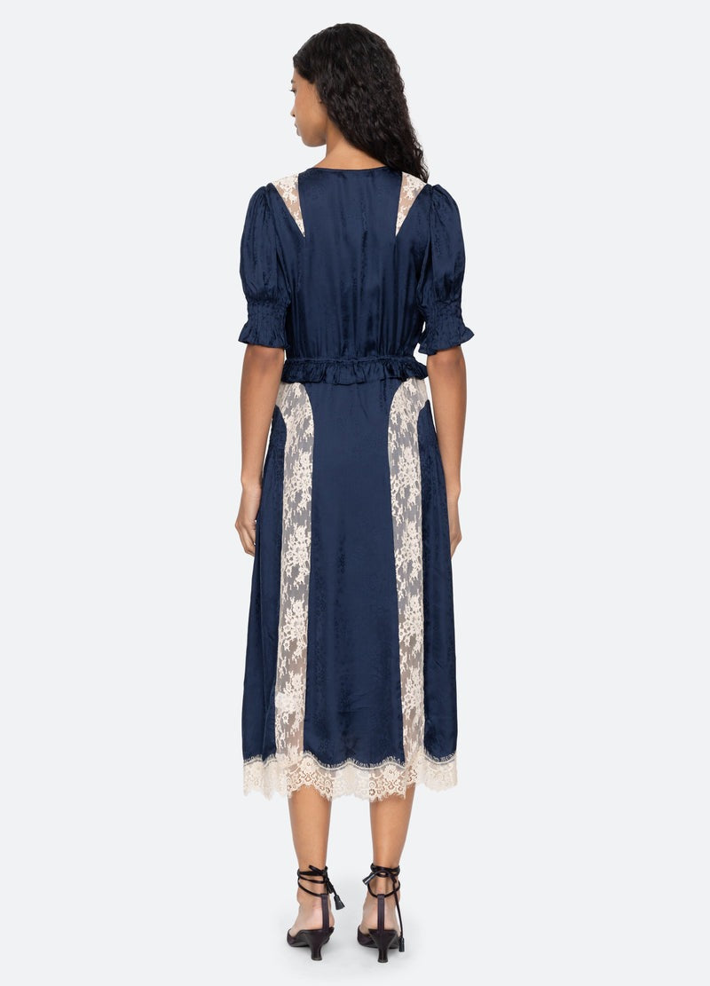 Sea NY Ethel Midi Dress Navy Silk Lace Panel Puff Sleeve - NWT - Image 2
