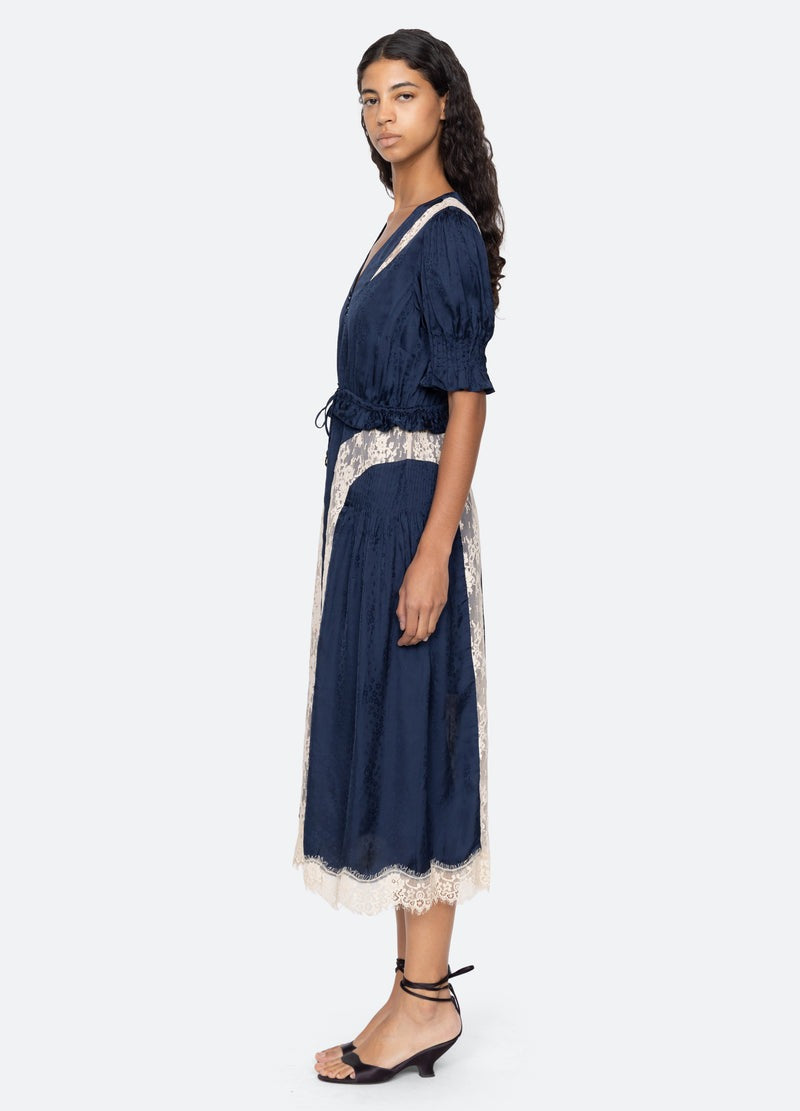 Sea NY Ethel Midi Dress Navy Silk Lace Panel Puff Sleeve - NWT - Image 3