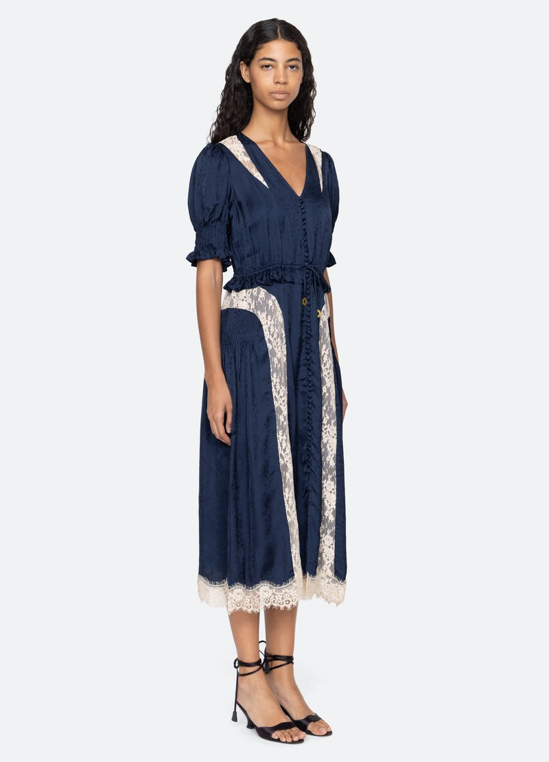 Sea NY Ethel Midi Dress Navy Silk Lace Panel Puff Sleeve - NWT - Image 4