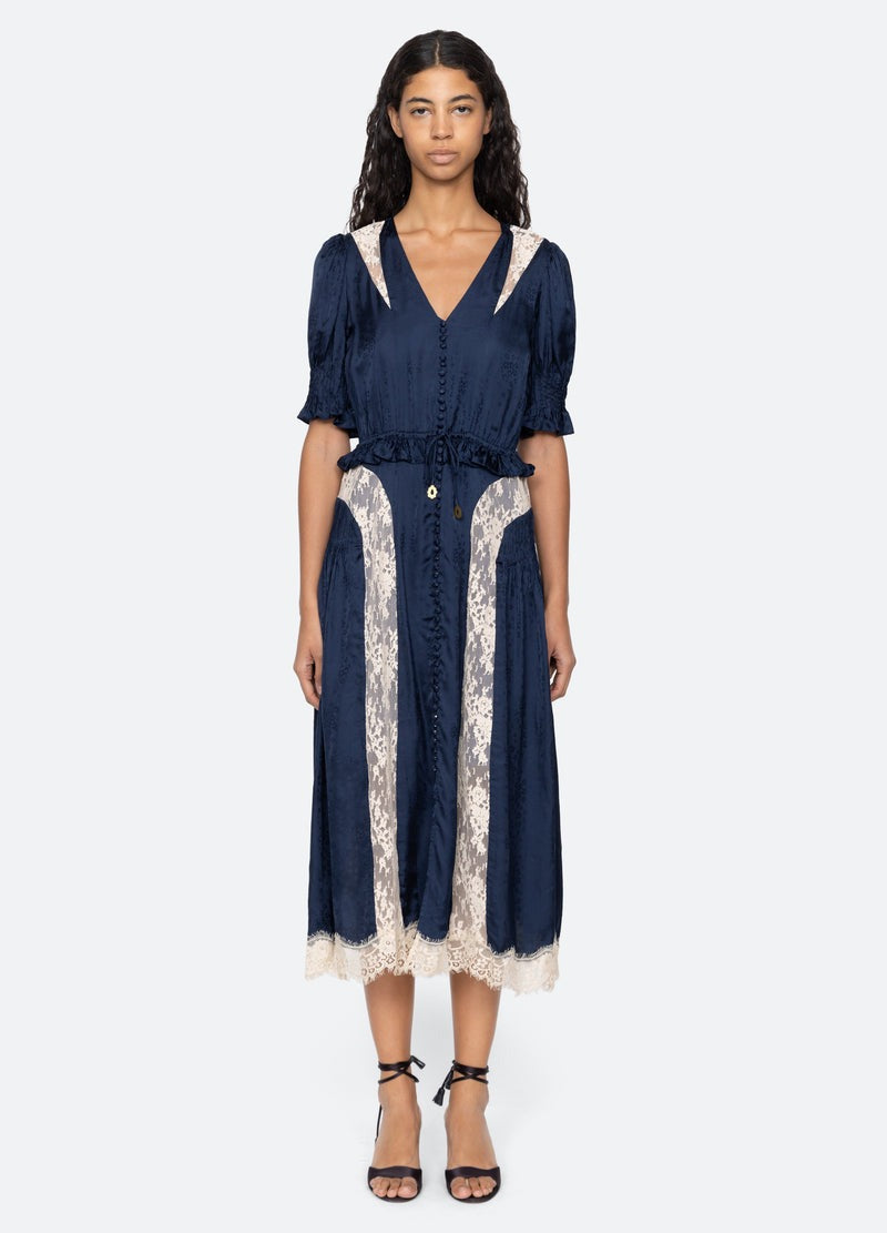 Sea NY Ethel Midi Dress Navy Silk Lace Panel Puff Sleeve - NWT - Image 5