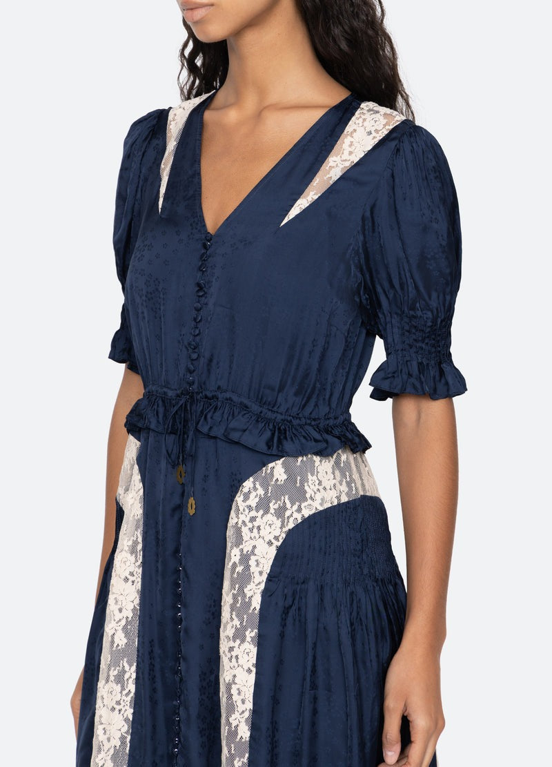 Sea NY Ethel Midi Dress Navy Silk Lace Panel Puff Sleeve - NWT - Image 6