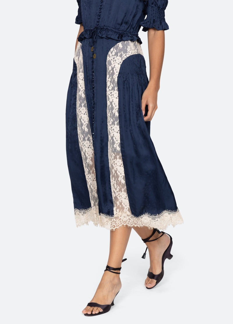 Sea NY Ethel Midi Dress Navy Silk Lace Panel Puff Sleeve - NWT - Image 7