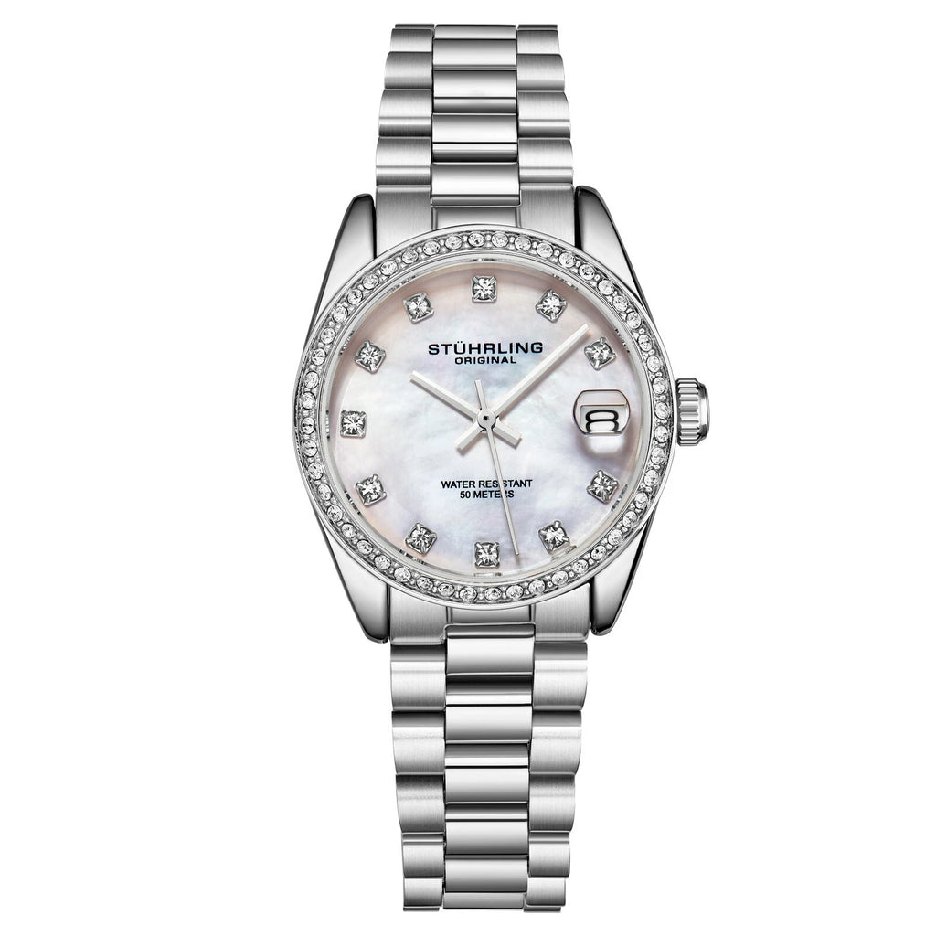 Stuhrling Women's Quartz Crystal Studded Bezel MOP Dial Stainless Steel Bracelet