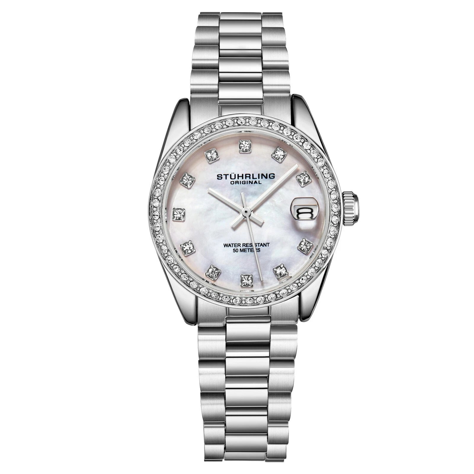 Stuhrling Women's Quartz Crystal Studded Bezel MOP Dial Stainless Steel Bracelet
