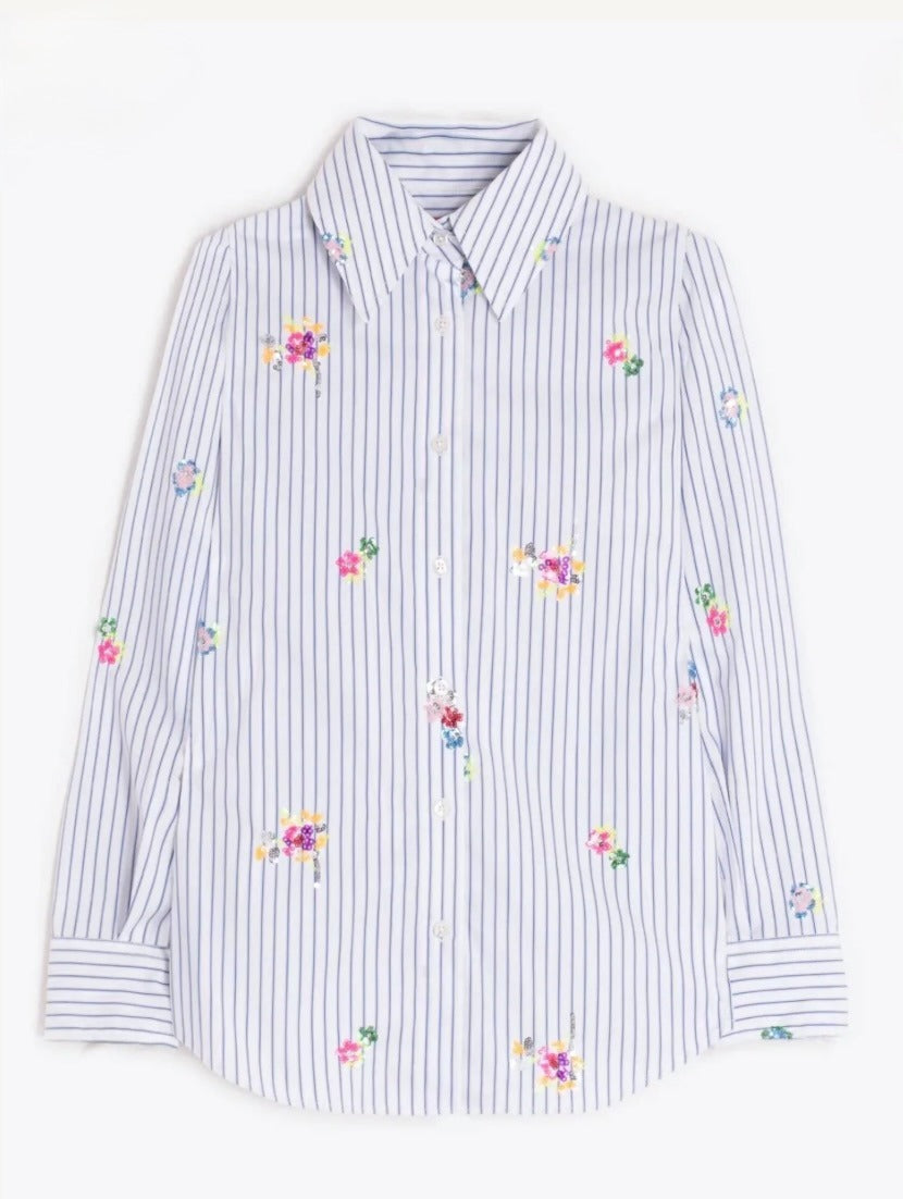 Vilagallo Mafalda Rayas Striped Shirt With Floral Sequin Detailing - Size 38