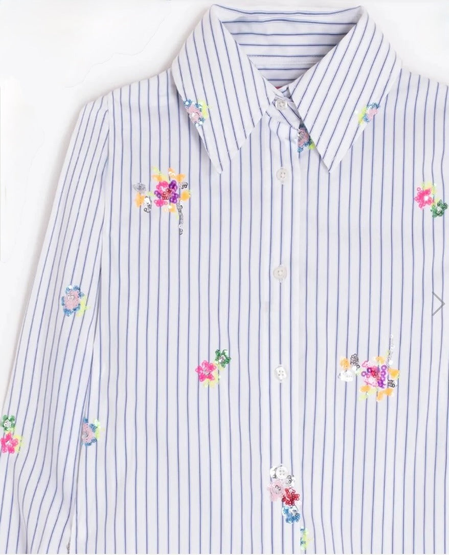 Vilagallo Mafalda Rayas Striped Shirt With Floral Sequin Detailing - Size 38 - Image 2